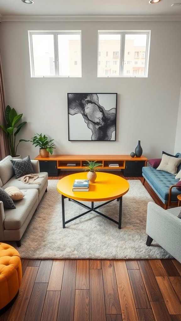 Cozy living room with a yellow coffee table and comfortable seating.