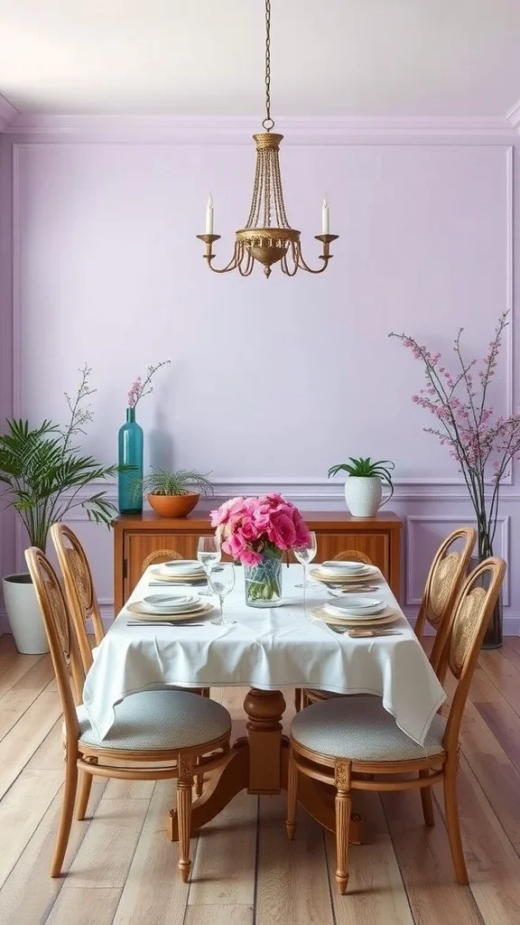 A dining room with subtle lavender walls, wooden furniture, and a floral centerpiece, creating a cozy atmosphere.