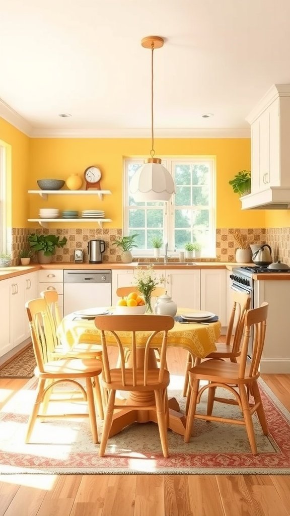 Bright yellow dining area with a wooden table and yellow chairs.