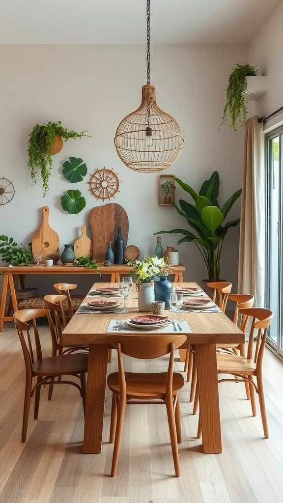 A modern dining room with wooden furniture, plants, and eco-friendly decor.