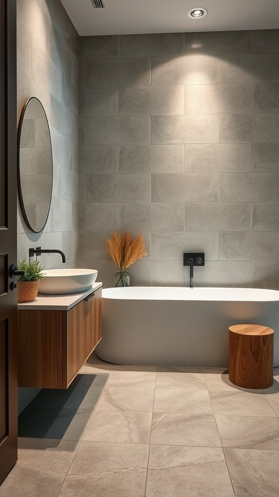 A modern bathroom featuring textured stone flooring with a bathtub, sink, and decorative elements.