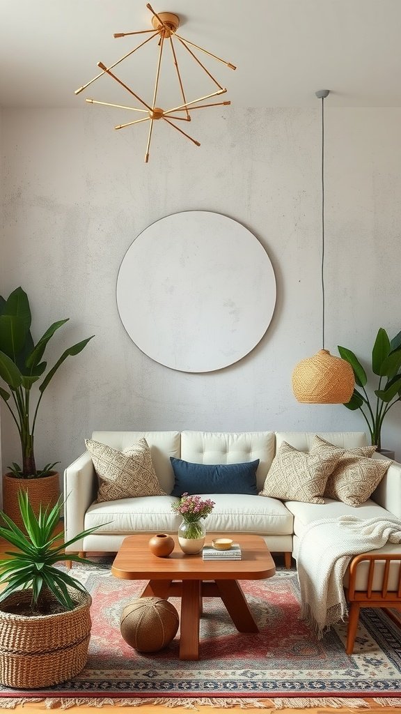 Boho living room with textured walls, cozy furniture, and plants