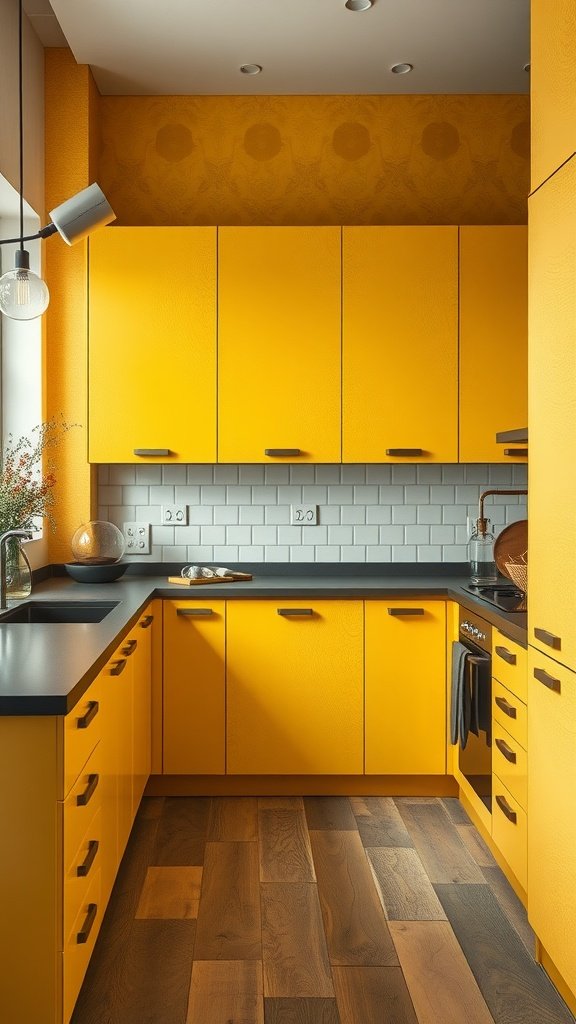 A vibrant kitchen featuring textured yellow cabinets and walls, complemented by dark countertops and wooden flooring.