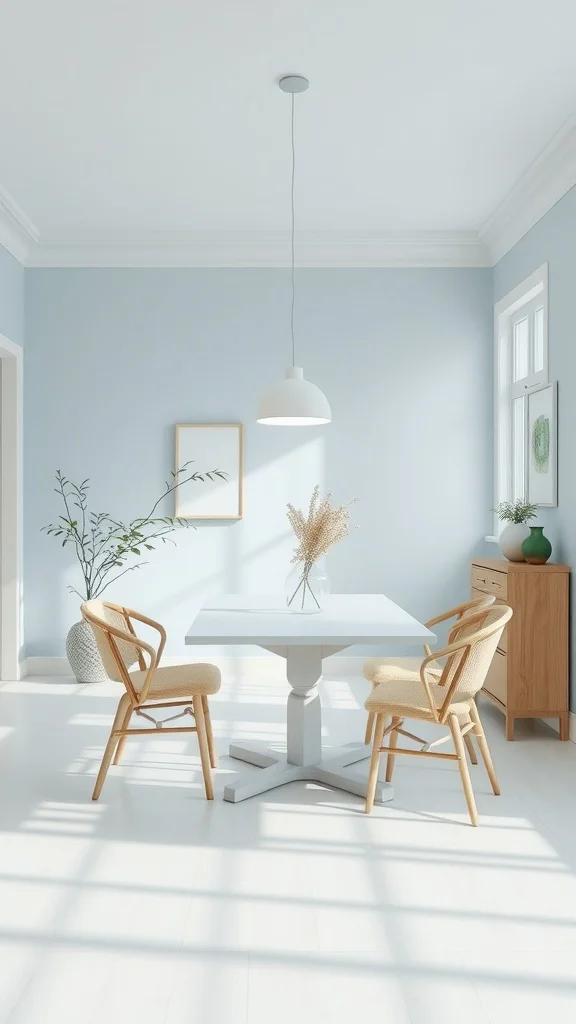A serene dining room with light blue walls and natural wood furniture.