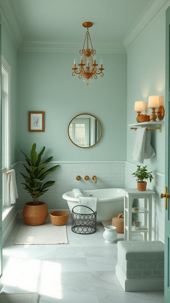 A serene bathroom painted in seafoam green with natural decor elements