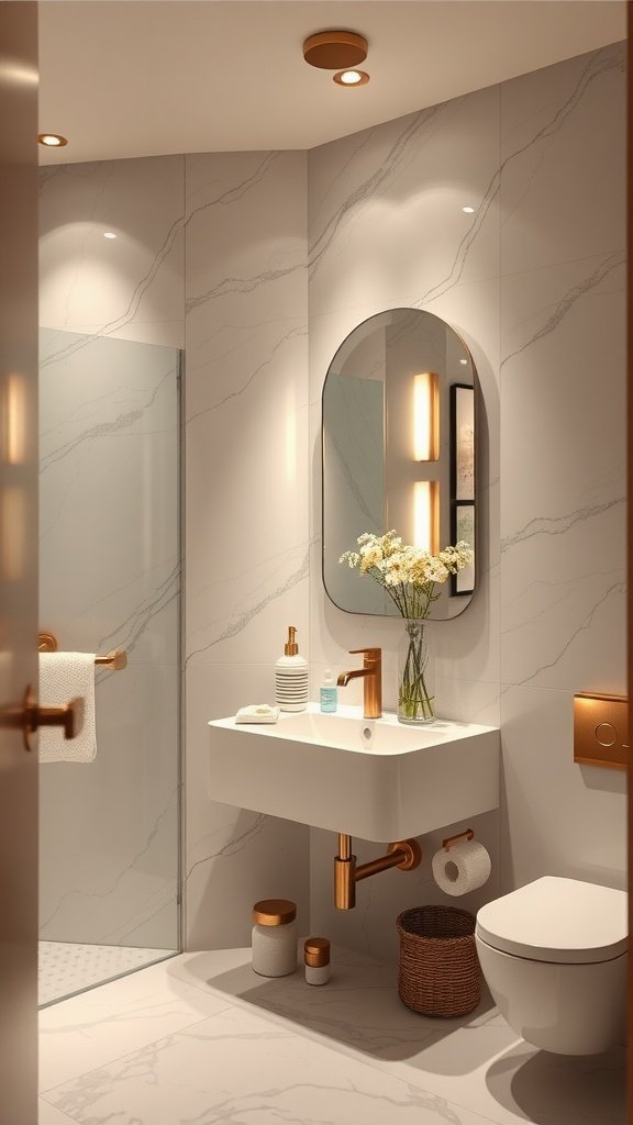 A modern bathroom featuring under vanity lighting, showcasing elegant fixtures and a warm ambiance.