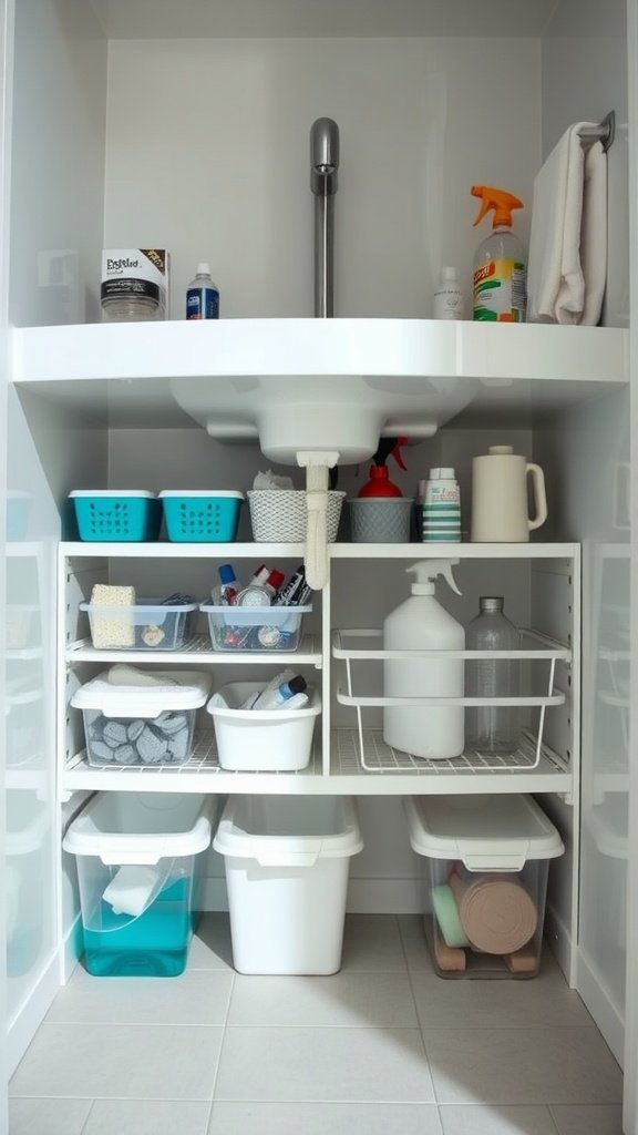 Organized under-sink bathroom storage with bins and cleaning supplies.