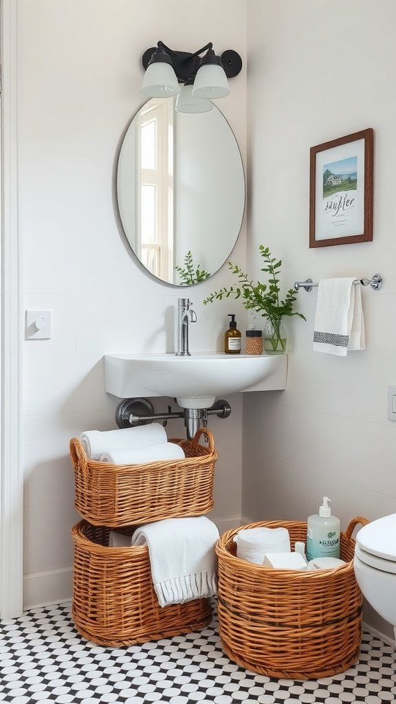 A stylish bathroom featuring woven baskets for storage under a sink, with towels and toiletries organized neatly.