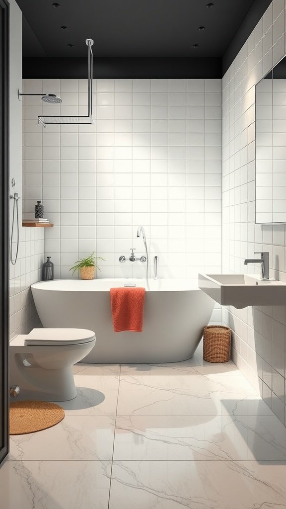 Modern bathroom with vinyl sheet flooring, featuring a freestanding tub and stylish fixtures.