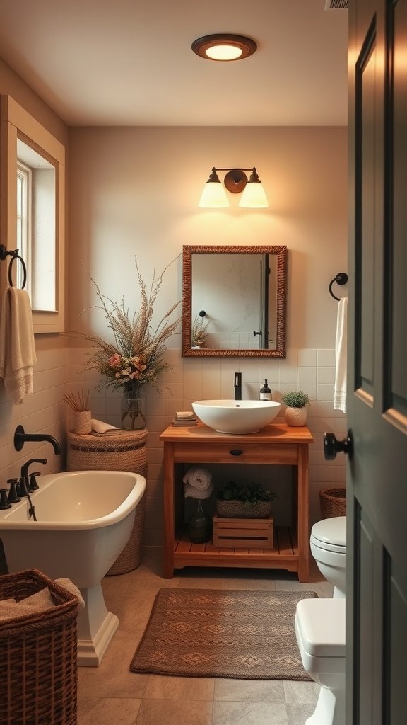 A cozy bathroom with warm beige walls, showcasing a vintage tub and natural decor elements.