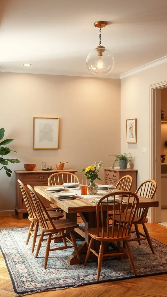 A cozy dining room featuring warm beige walls, a wooden table, and stylish chairs.