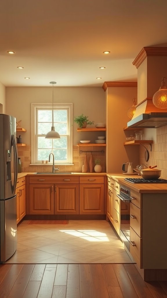 A warm kitchen with wooden cabinets and yellow highlights featuring natural light.