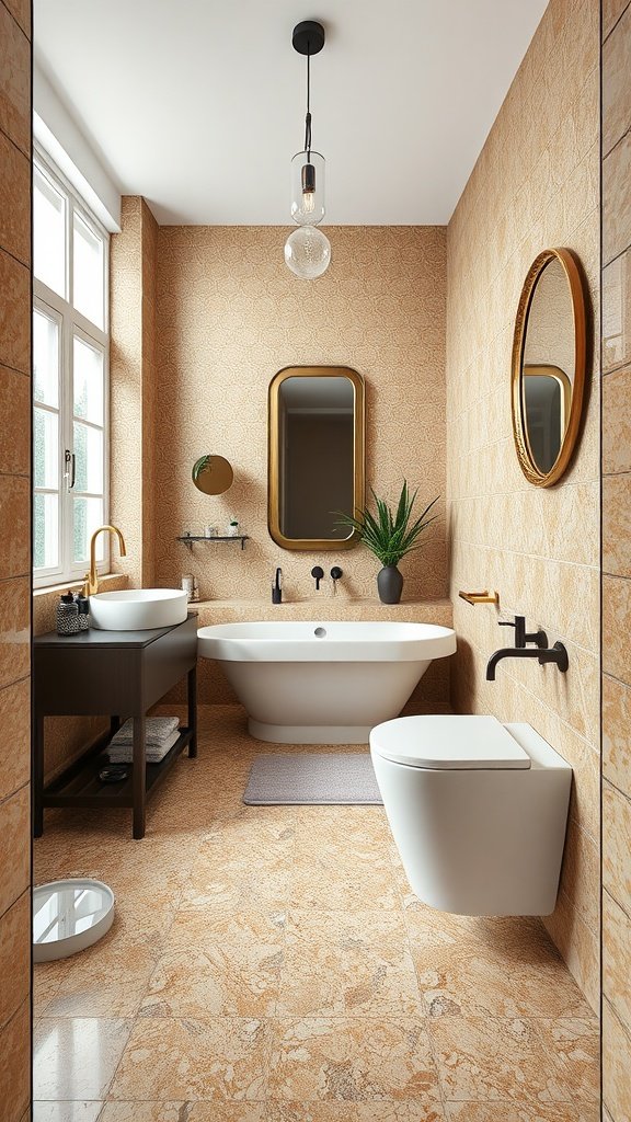 A stylish bathroom featuring warm terrazzo tiles on the floor.