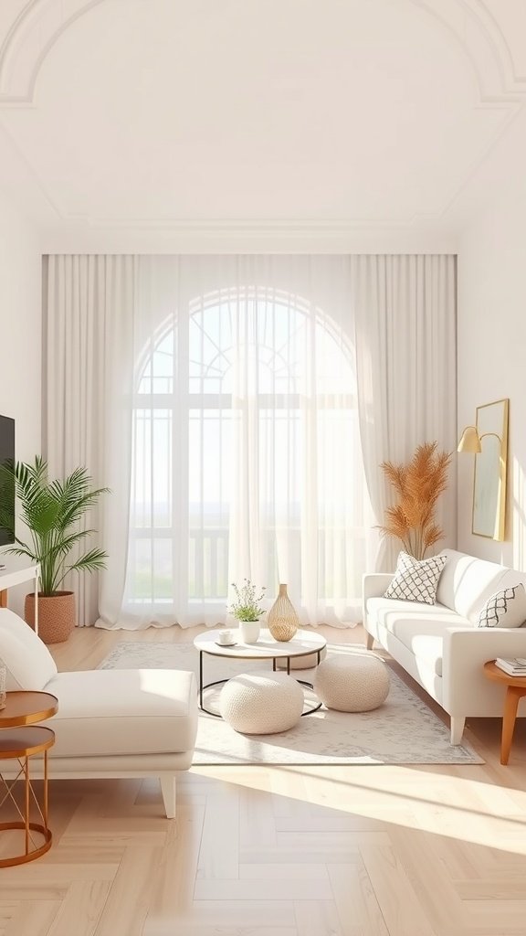 Cozy living room with warm white tones and natural light