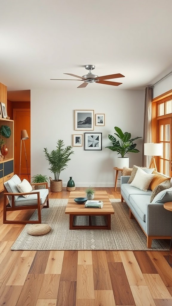 A living room with warm wood accents, featuring a wooden coffee table, plant, and natural light.