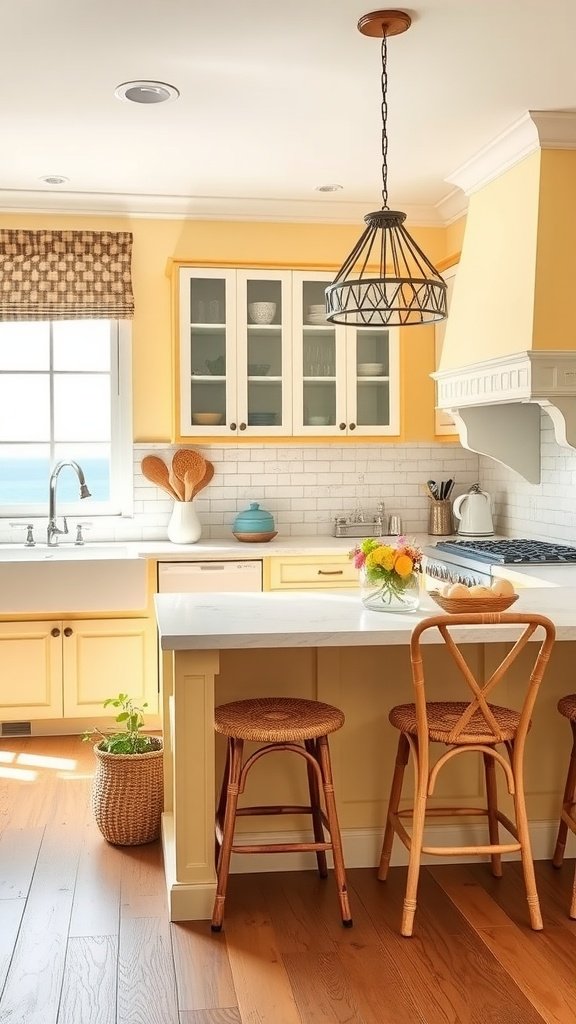 A bright and cheerful kitchen with yellow cabinetry, white countertops, and natural wooden accents.