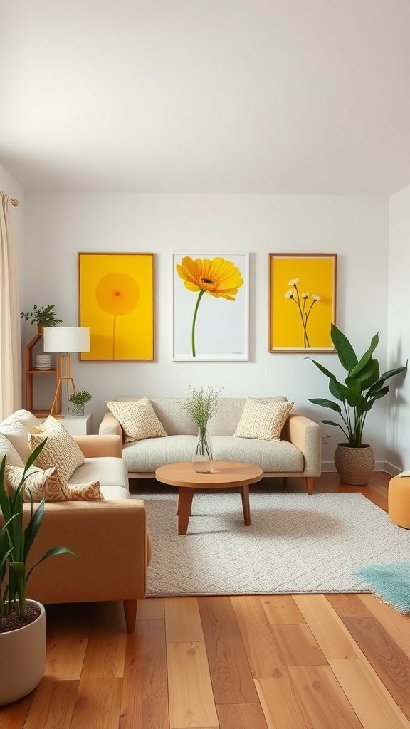 Cozy living room with yellow flower artwork on the wall