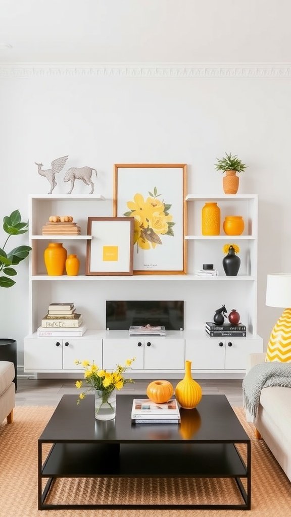 A cozy living room showcasing decorative yellow accents on shelves.