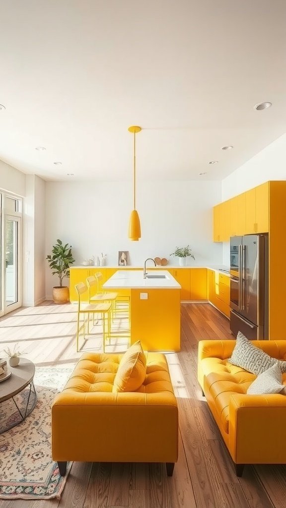 Bright yellow kitchen with open concept design and cozy seating area.