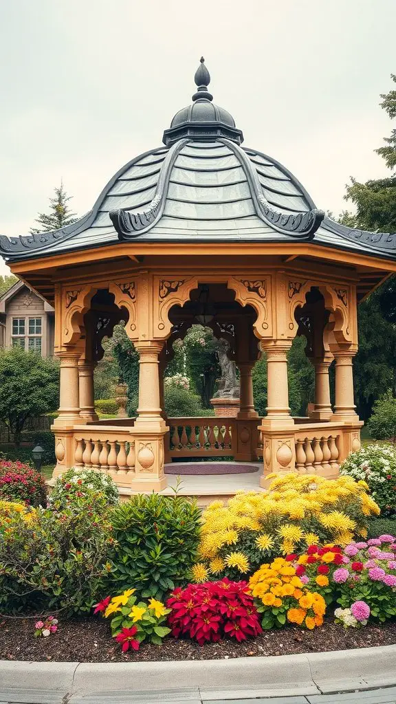Artistic gazebo with unique architecture surrounded by colorful flowers.