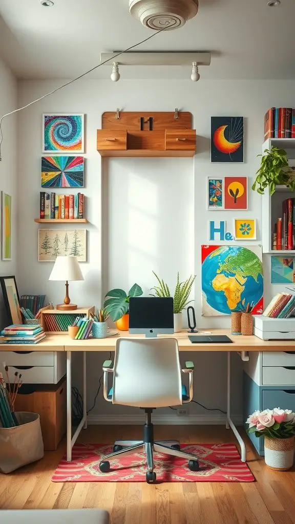 A colorful home office with artwork on the walls, a desk, and plants.