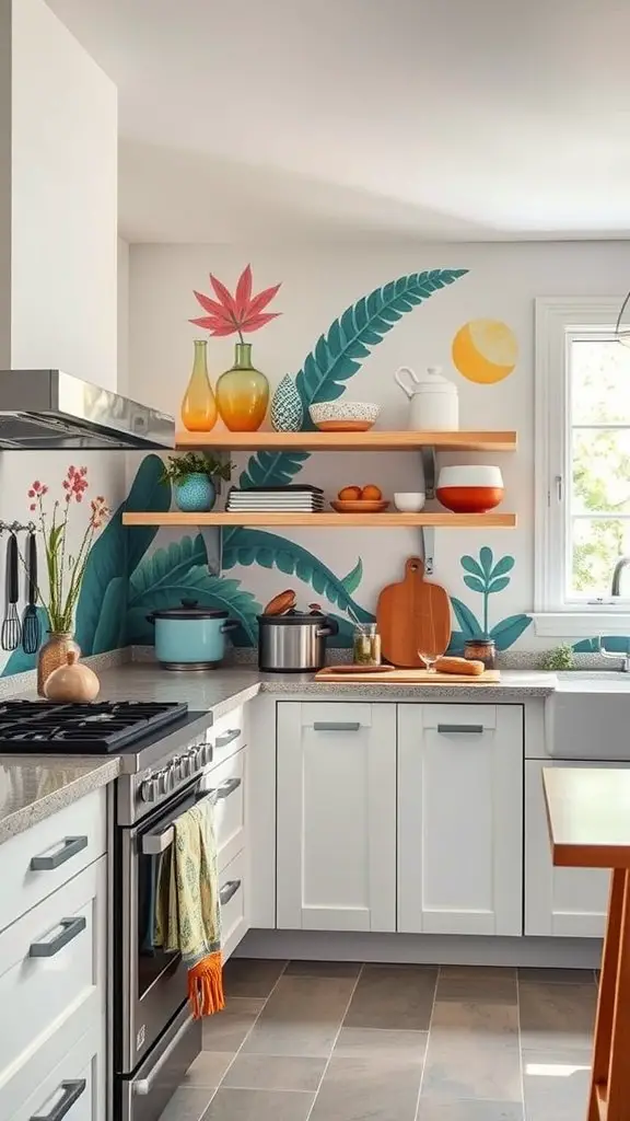 A colorful kitchen mural with bright flowers and the word 'Werk' on the wall.
