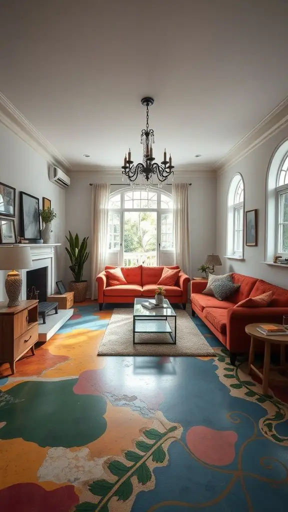Living room with artistic painted flooring featuring colorful puzzle pieces.