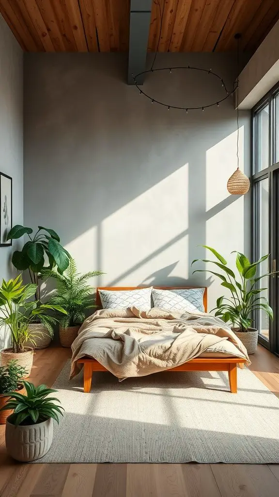 Modern bedroom with plants and natural decor