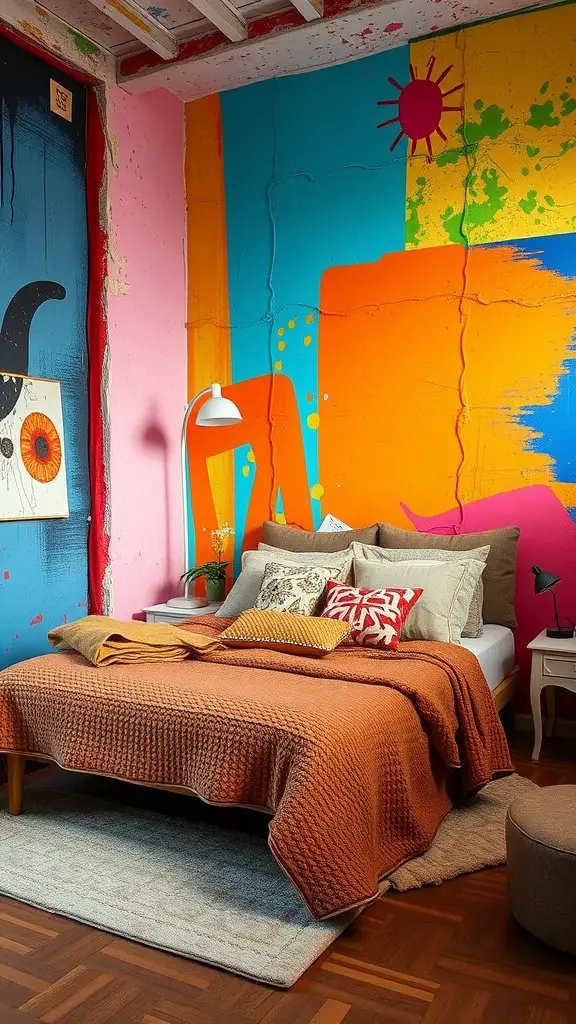A modern bedroom featuring a bold accent wall with vibrant colors.