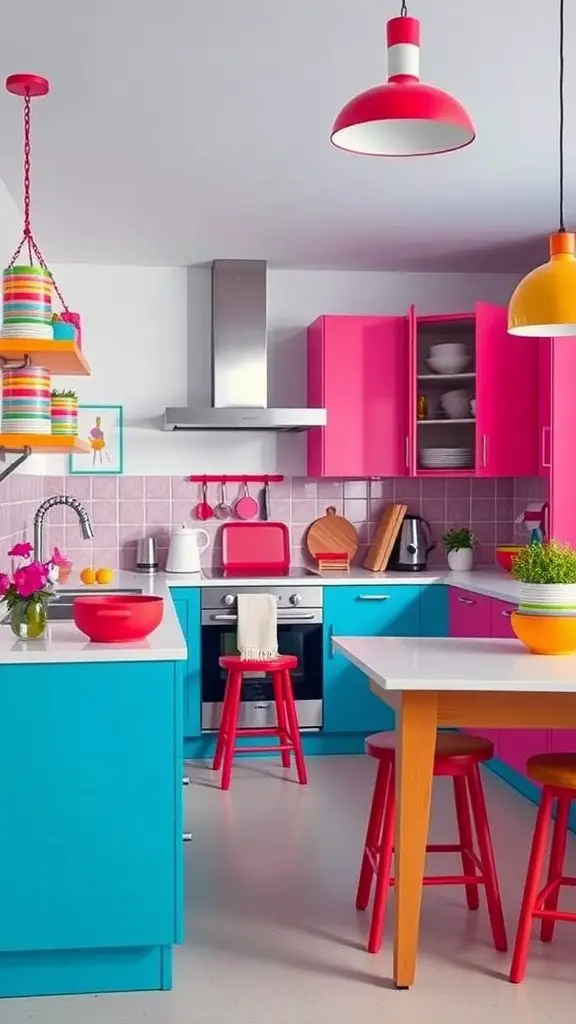 A bright kitchen featuring a bold color palette with pink and turquoise cabinets, colorful stools, and vibrant decor.