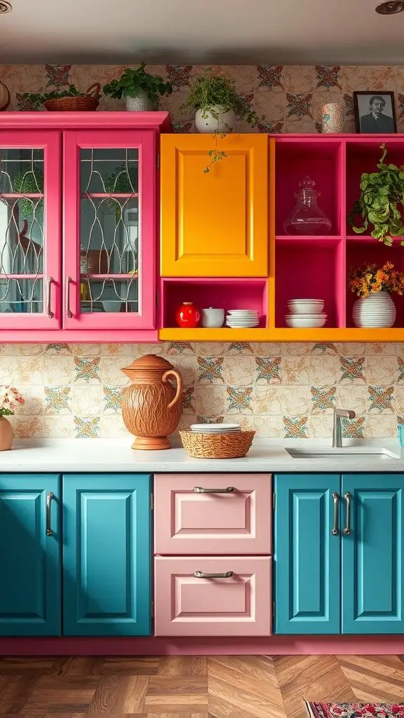 A vibrant kitchen with pink, yellow, and blue cabinets and floral wallpaper.
