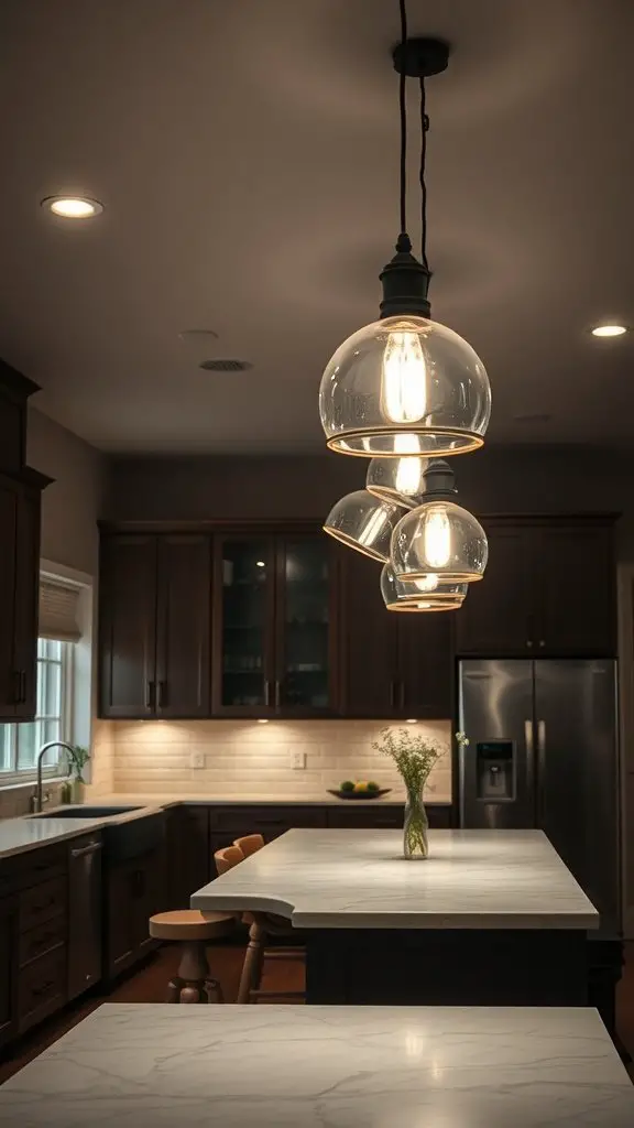 A trendy kitchen with elegant hanging glass lighting fixtures over a spacious marble countertop.