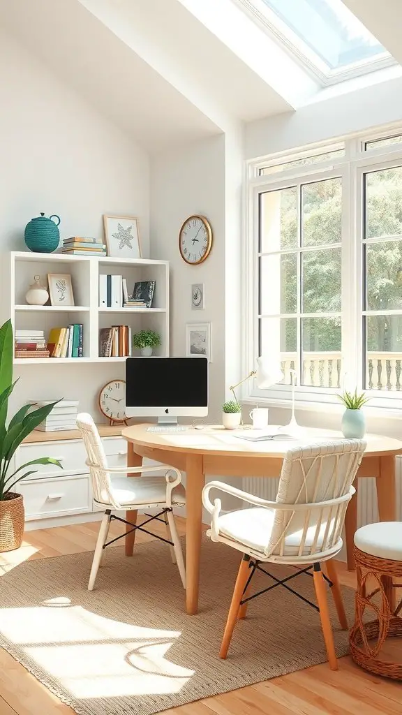 A bright home office with coastal theme decor, featuring a round wooden table, white chairs, and large windows letting in natural light.