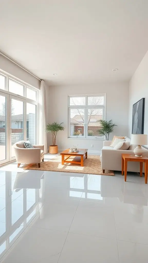 Bright living room with porcelain tile flooring and large windows