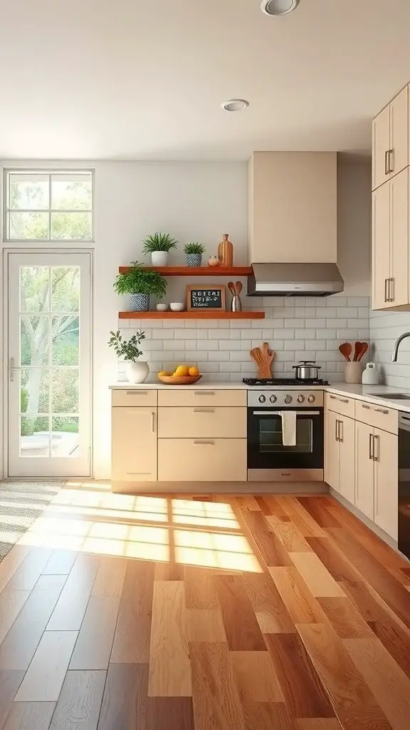 A modern kitchen with bright wood flooring and natural light.