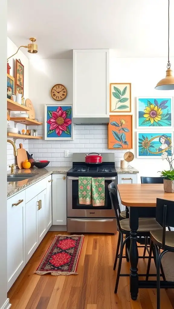 A bright kitchen featuring colorful wall art, blue cabinets, and fresh fruits on the counter.