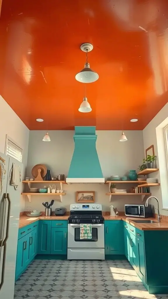 A kitchen with a bright orange ceiling and turquoise cabinets.