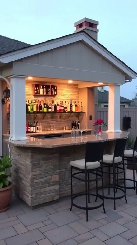 A beautiful built-in outdoor bar with seating and a variety of drinks displayed.