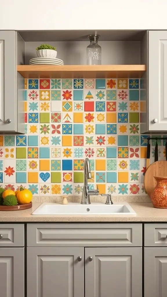 Colorful tiled backsplash in a kitchen with various patterns and vibrant colors.