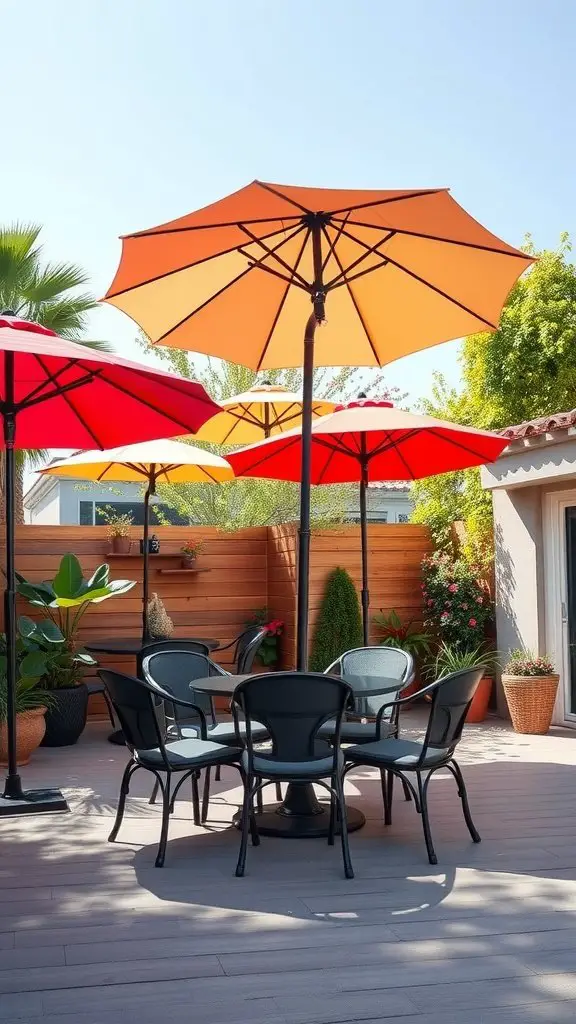Patio with colorful umbrellas providing shade over seating area.
