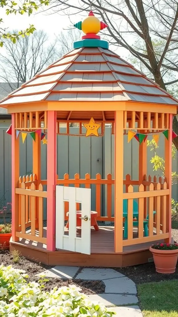 Colorful children's play gazebo with a fence and decorations in a backyard.