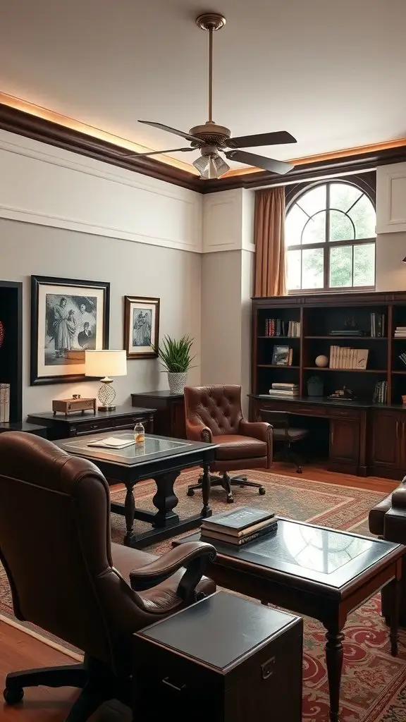 Classic executive office with wooden furniture and elegant decor.