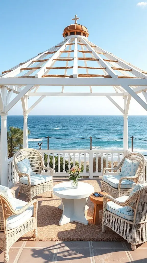 Coastal themed gazebo overlooking the ocean with comfortable seating.