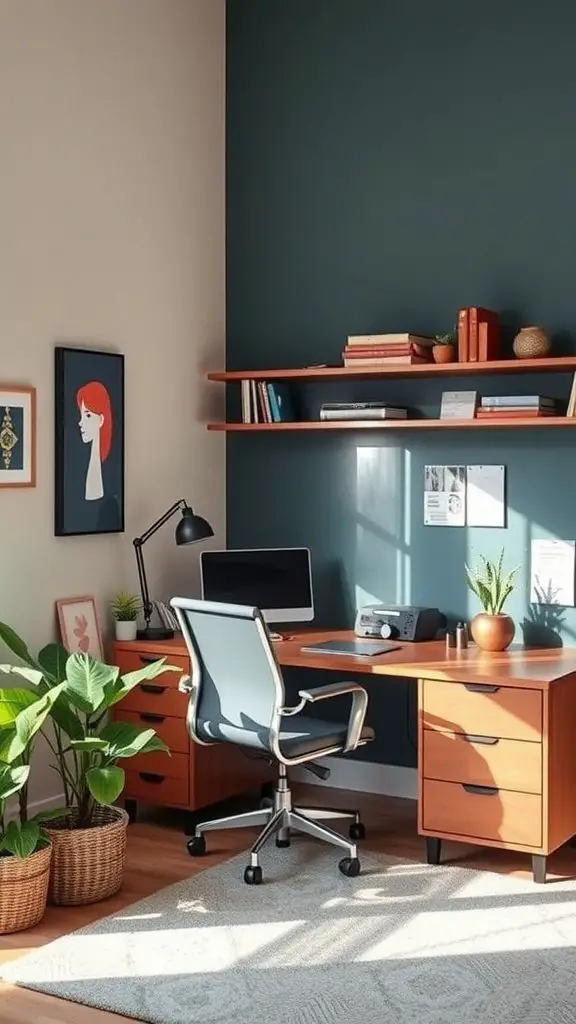 Home office with a mix of dark green and beige walls, wooden furniture, and plants.