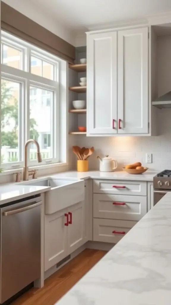 A bright kitchen with white cabinets and colorful red cabinet hardware.