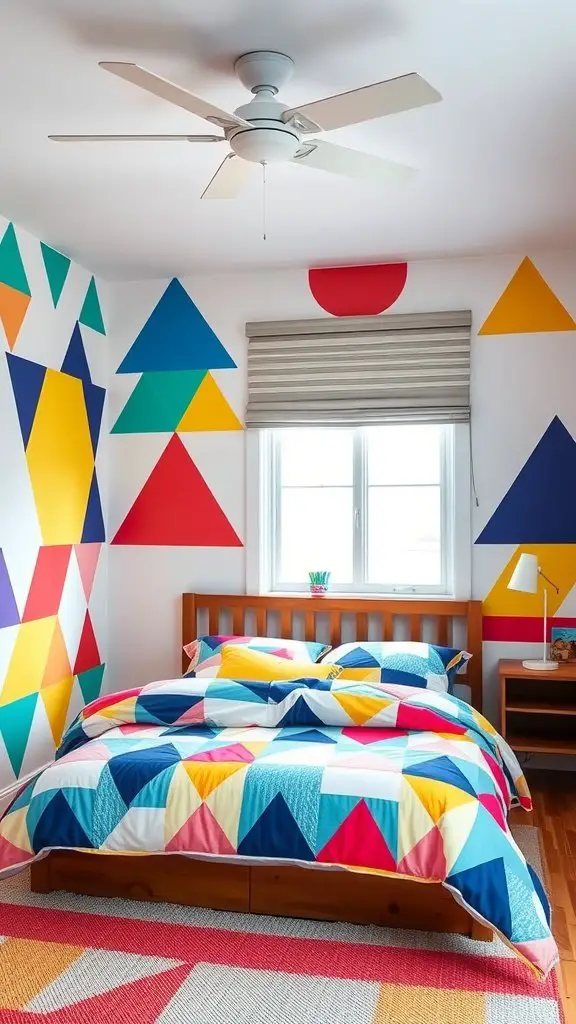 A modern bedroom featuring colorful geometric patterns on the walls and bedding.