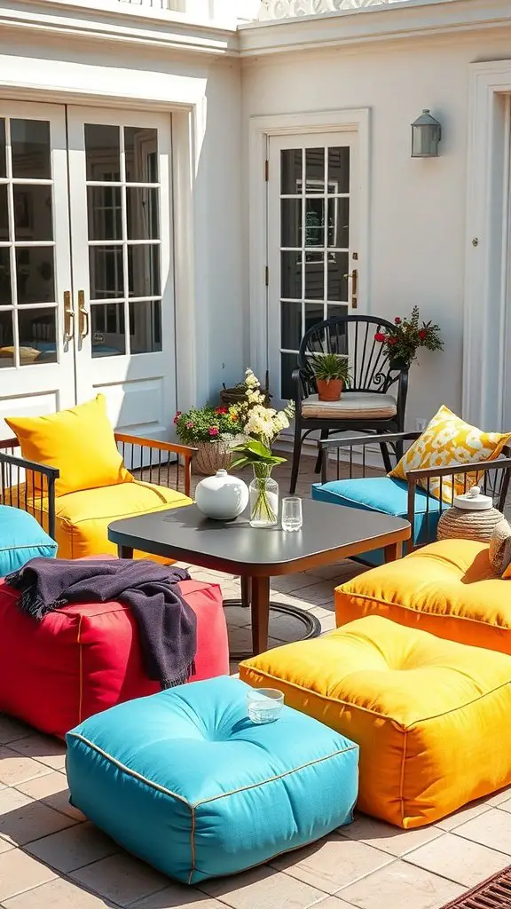 A vibrant patio scene featuring colorful poufs in yellow, red, and blue.