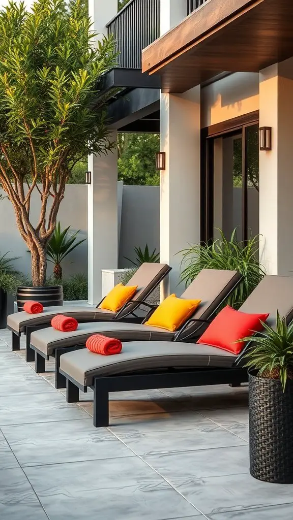 A stylish patio featuring contemporary lounge chairs with colorful cushions.