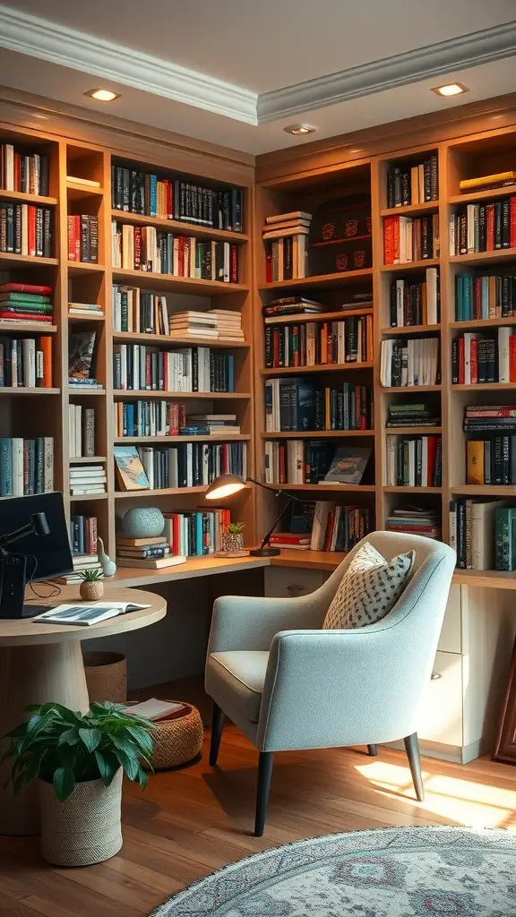 Cozy reading nook with bookshelves, a chair, and a desk in a home office.