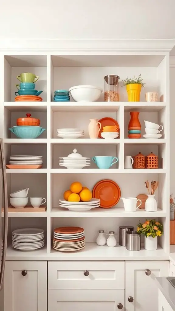 Bright and colorful open shelving display in a kitchen.